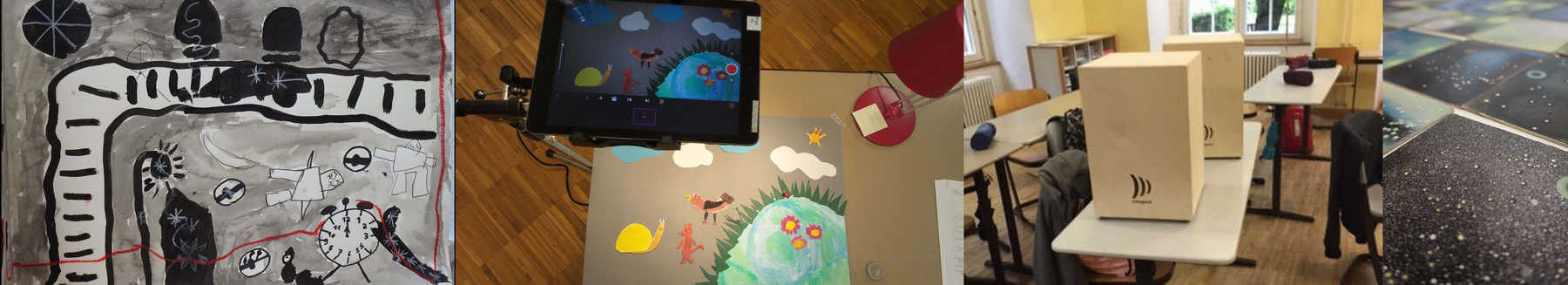 Collage aus Projekten: ein gemaltes Brettspiel, ein Trickfilm-Arbeitsplatz mit Tablet und selbstgebaute Cajons